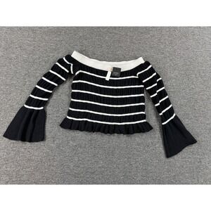 Club Monaco Sweater Womens XS Black White Stripe Off Shoulder Bell Sleeve